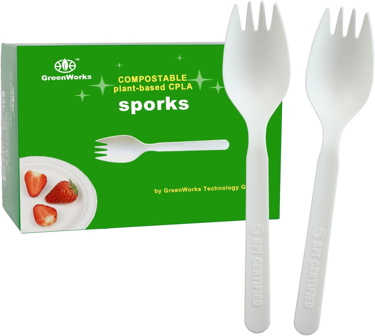 GreenWorks Compostable CPLA Sporks,100 Count 5.5" Disposable Cutlery Spork (Spoon Fork)