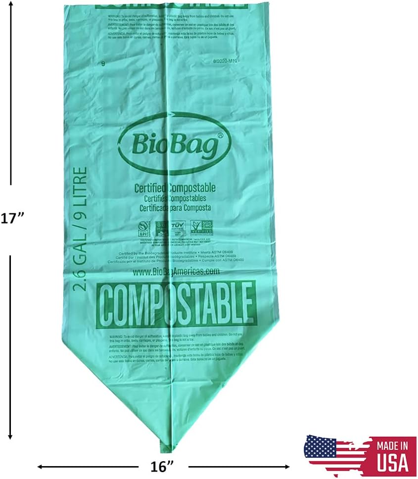 BioBag, 2.6 Gallon Compostable Food Scrap Bags, 100 Count Kitchen Counter Compost Bin Liners, BPI Certified, ASTM D6400, Made in USA