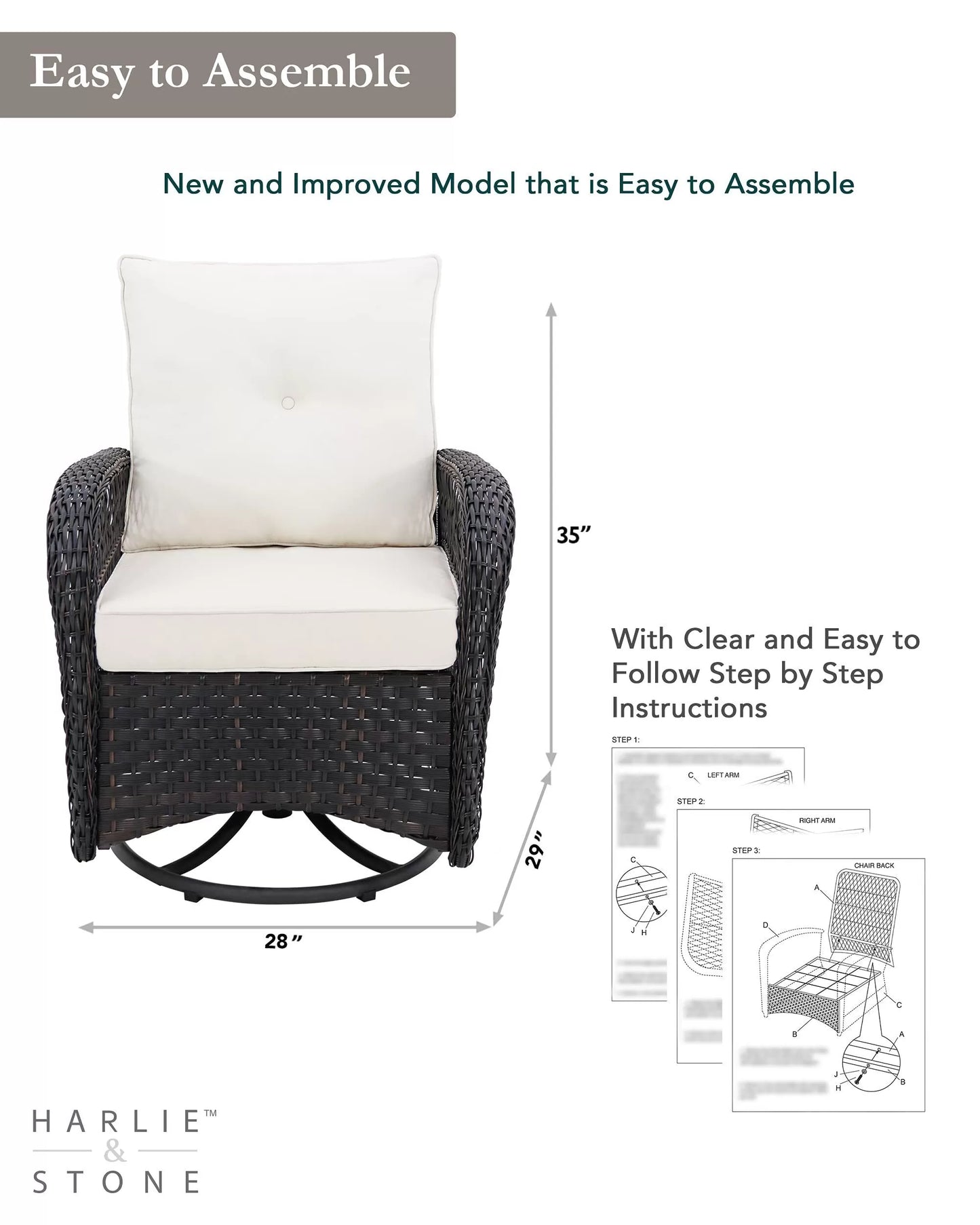 Outdoor Swivel Rocker Patio Chairs Set of 2 and Matching Side Table - 3 Piece Wicker Patio Bistro Set with Premium Fabric Cushions Outdoor Furniture (Dark Wicker Chair Beige Cushion)