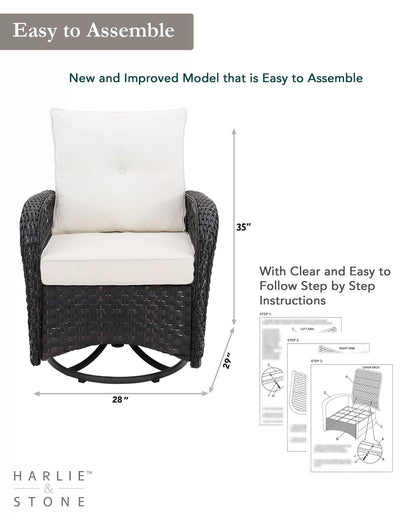 Outdoor Swivel Rocker Patio Chairs Set of 2 and Matching Side Table - 3 Piece Wicker Patio Bistro Set with Premium Fabric Cushions Outdoor Furniture (Dark Wicker Chair Beige Cushion)