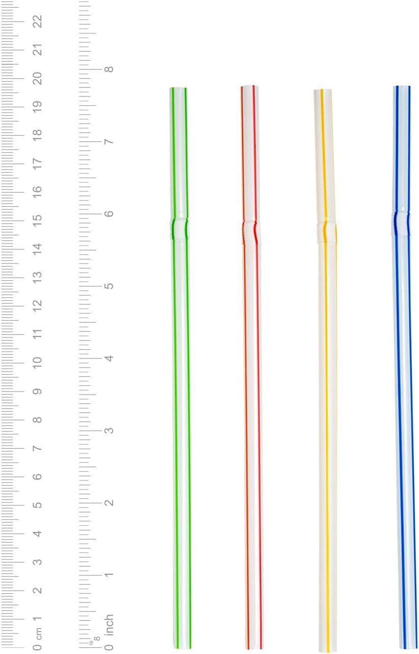 [200 Pack] Flexible Disposable Plastic Drinking Straws - 7.75"High - Assorted Colors Striped