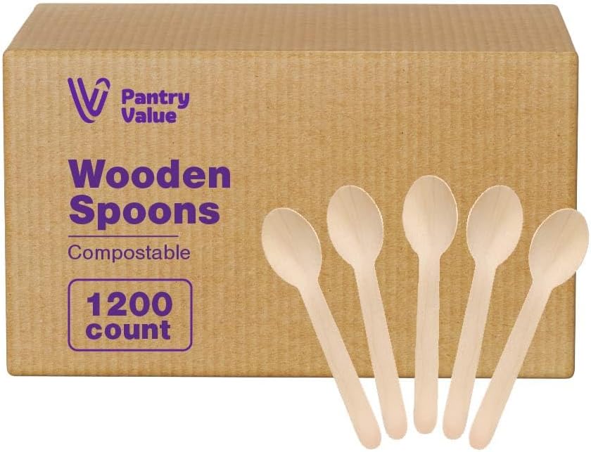 Pantry Value [100 Count] Wooden Spoons Disposable, Splinter-free Biodegradable Spoons, Eco-friendly, Compostable Utensils for Outdoors, Parties, and events