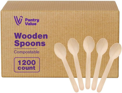 Pantry Value [100 Count] Wooden Spoons Disposable, Splinter-free Biodegradable Spoons, Eco-friendly, Compostable Utensils for Outdoors, Parties, and events