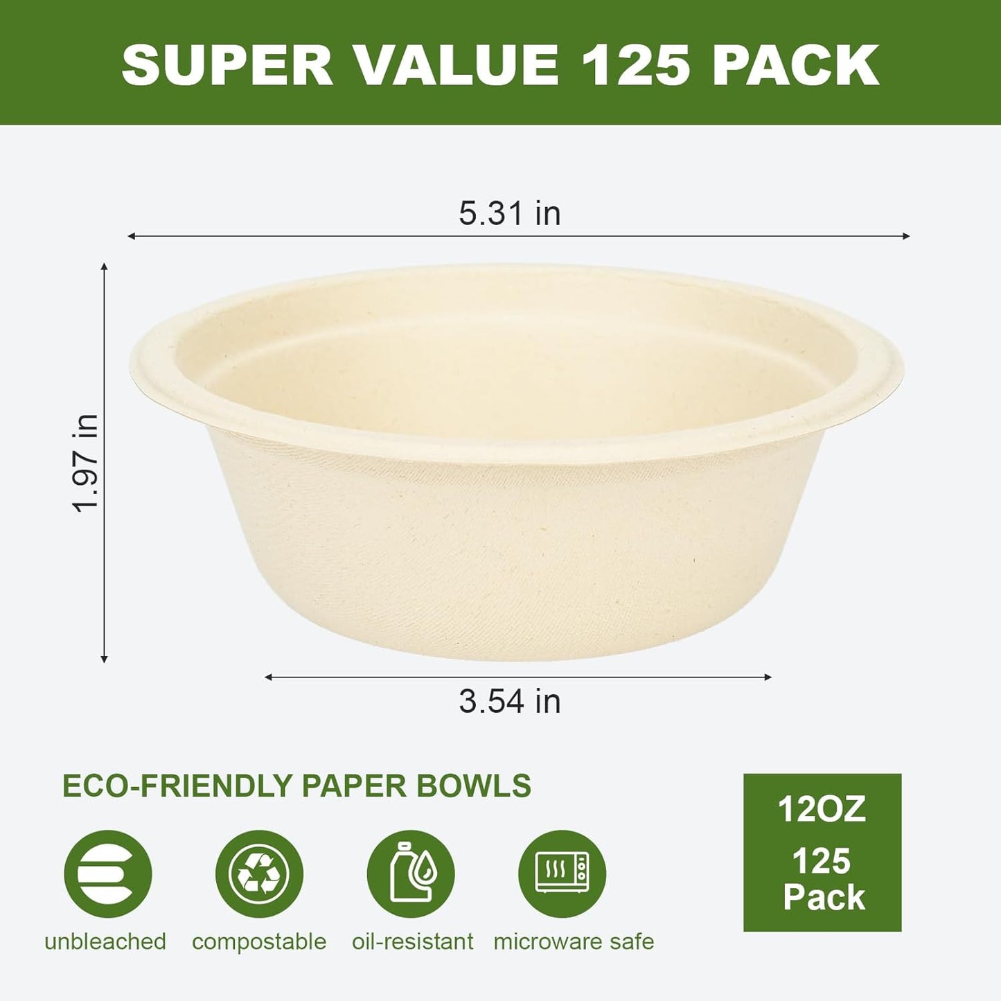 125 Pack 12 OZ Paper Bowls, Natural Compostable Disposable Soup Bowls, Eco-Friendly Bagasse Serving Plates and Bowls for Hot Food or Cold Use
