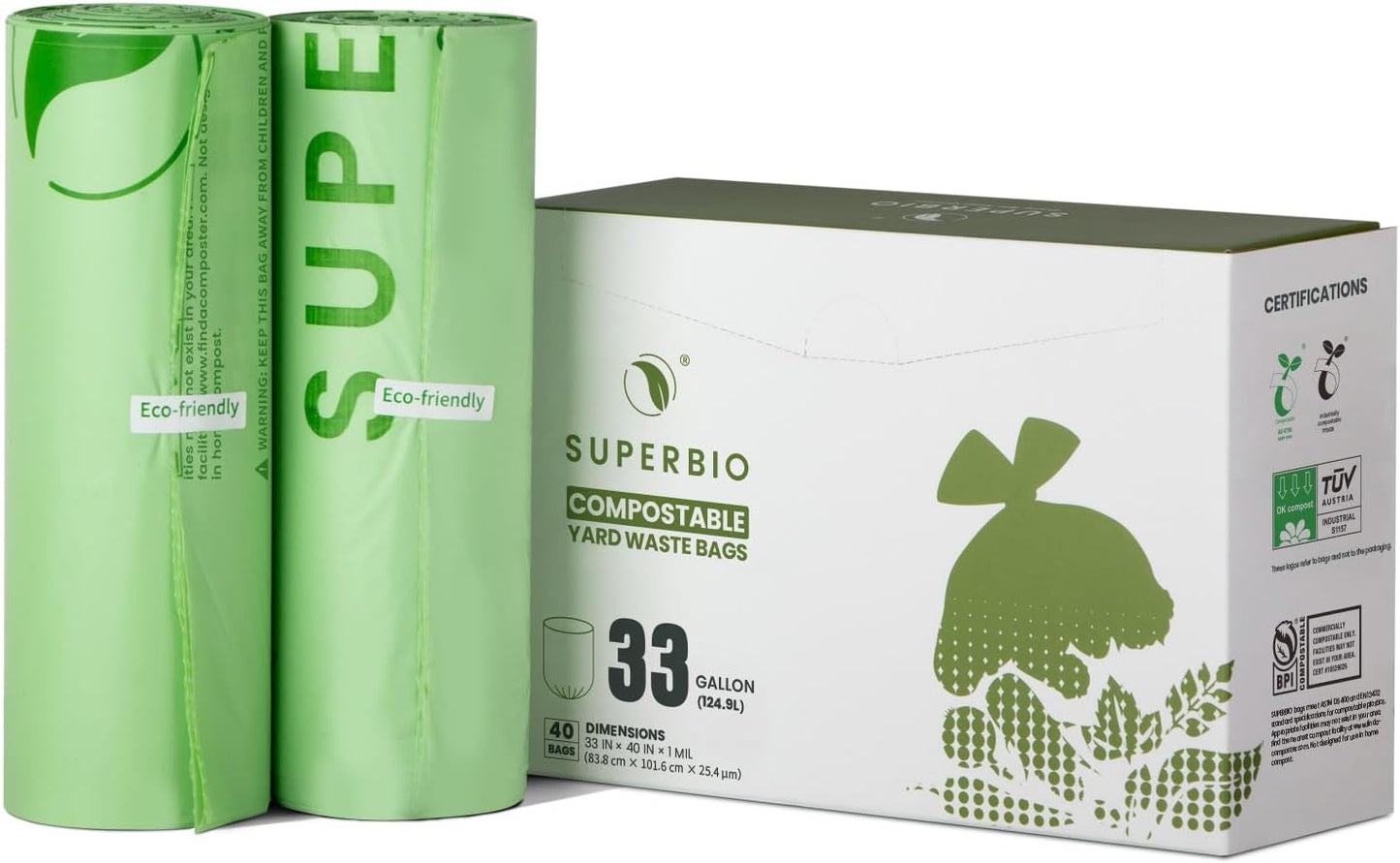SUPERBIO 55 Gallon Compostable Yard Waste Bags, Lawn & Leaf Bags, Heavy Duty Extra Thick 1.57 Mil, (80 Count Bulk), 208.1 Liter, BPI and OK compost INDUSTRIAL