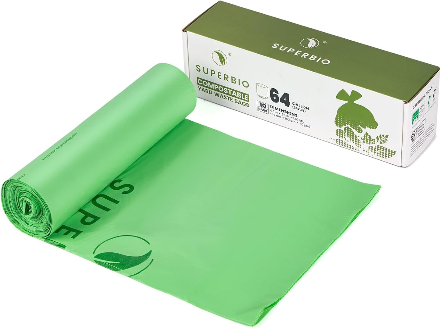 SUPERBIO 55 Gallon Compostable Yard Waste Bags, Lawn & Leaf Bags, Heavy Duty Extra Thick 1.57 Mil, (80 Count Bulk), 208.1 Liter, BPI and OK compost INDUSTRIAL