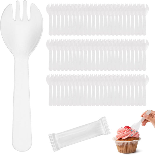 100Pcs Mini Plastic Spork, 4.2 Inch Individually Wrapped Disposable Cutlery, Small Black Fork Spoon Combo for Desserts, Ice Cream, Cakes, Appetizer, To-Go & Party Use