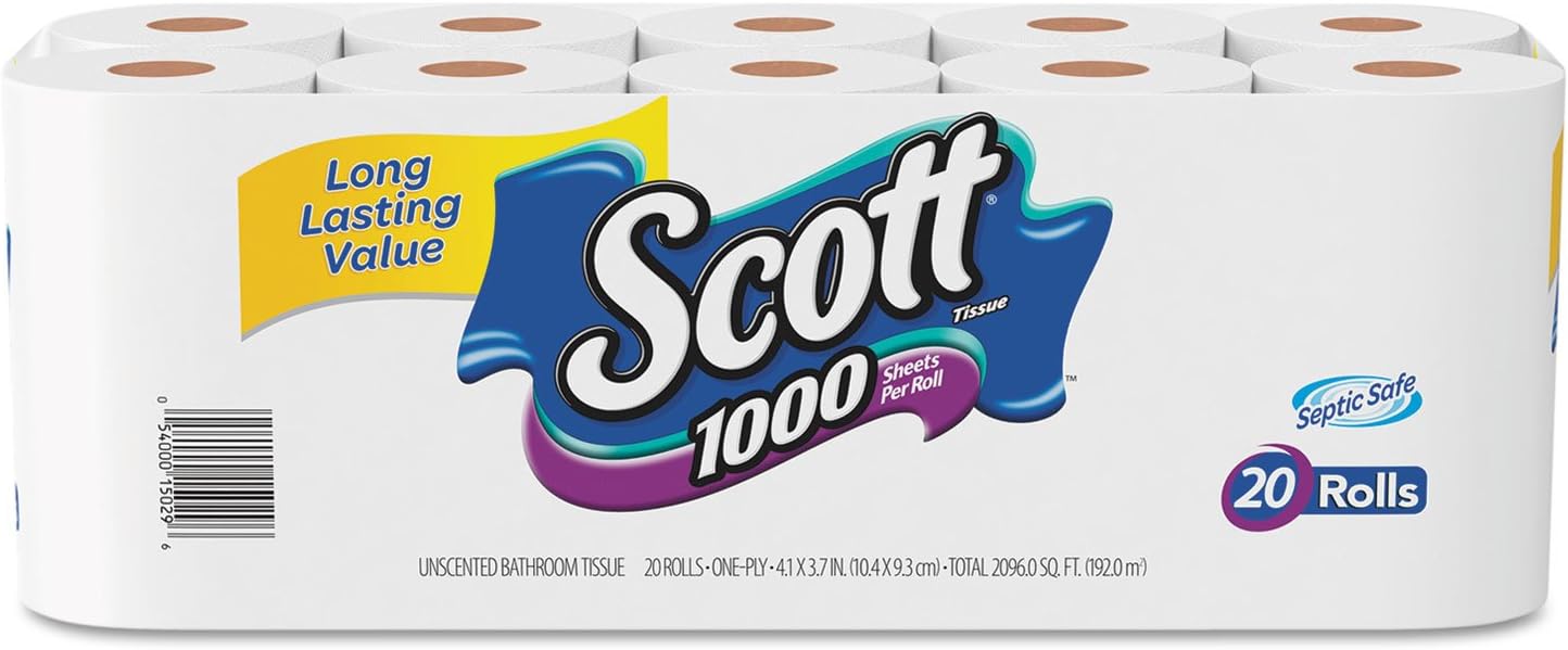 Scott 1000 Toilet Paper, 18 Rolls, Septic-Safe, 1-Ply Toilet Tissue