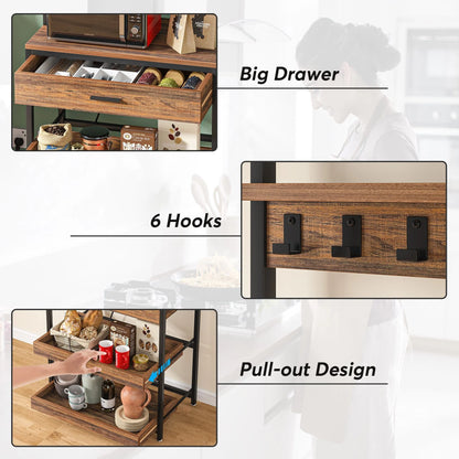 Kitchen Bakers Rack with Power Outlets, High Utility Storage Shelves Microwave Stand with Drawers