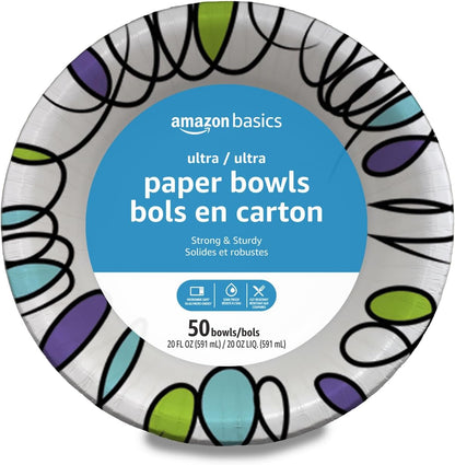 Amazon Basics Ultra Disposable Paper Bowls, 20 Oz, Microwave Safe, Soak Proof, Strong & Sturdy, White, 300 Count (6 Packs of 50)