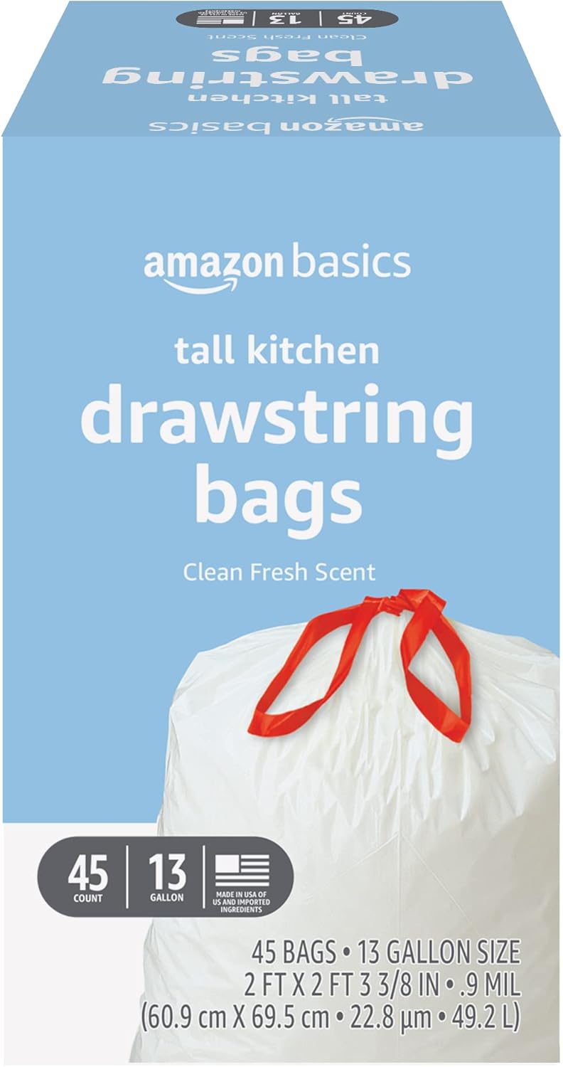 Amazon Basics Tall Kitchen Drawstring Trash Bags, 13 Gallon, Unscented, 45 Count