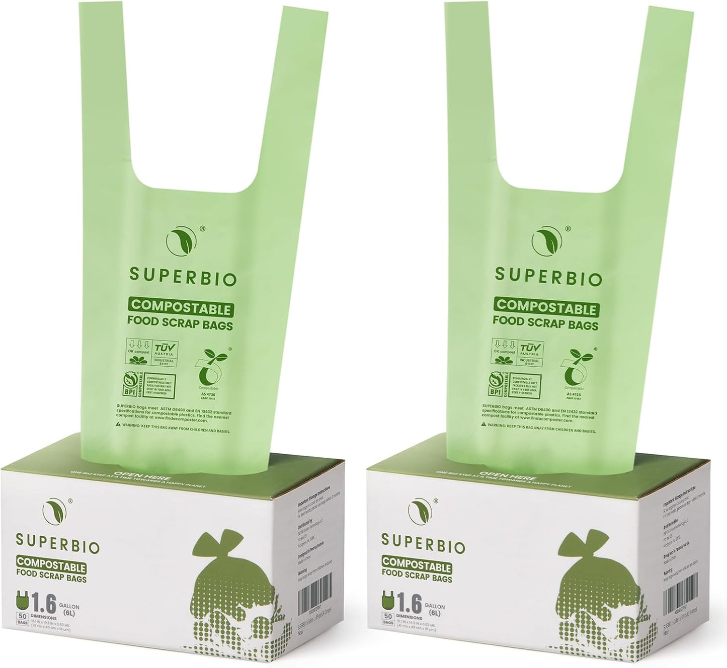 SUPERBIO 13 Gallon Compostable Kitchen Waste Bags with Handles, Food Scrap Bags Certified by BPI, OK compost INDUSTRIAL, 30 Count, 49.2L