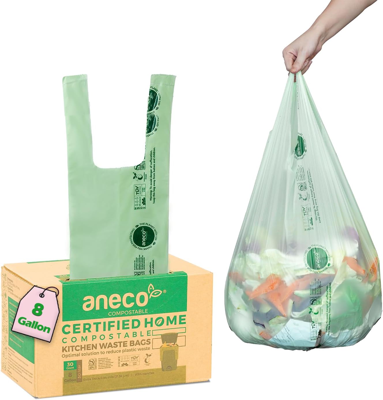 (Include 10 Bonus Bags) ANECO 100% Compostable Waste Bags 2.6 Gallon, Extra Thick Kitchen Small Compost Bags for Countertop Bin, 110 Count (100 + 10 Extra)