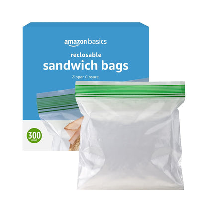 Amazon Basics Reclosable Double Zipper Sandwich Storage Bags for Food Storage, BPA Free, 100 Count
