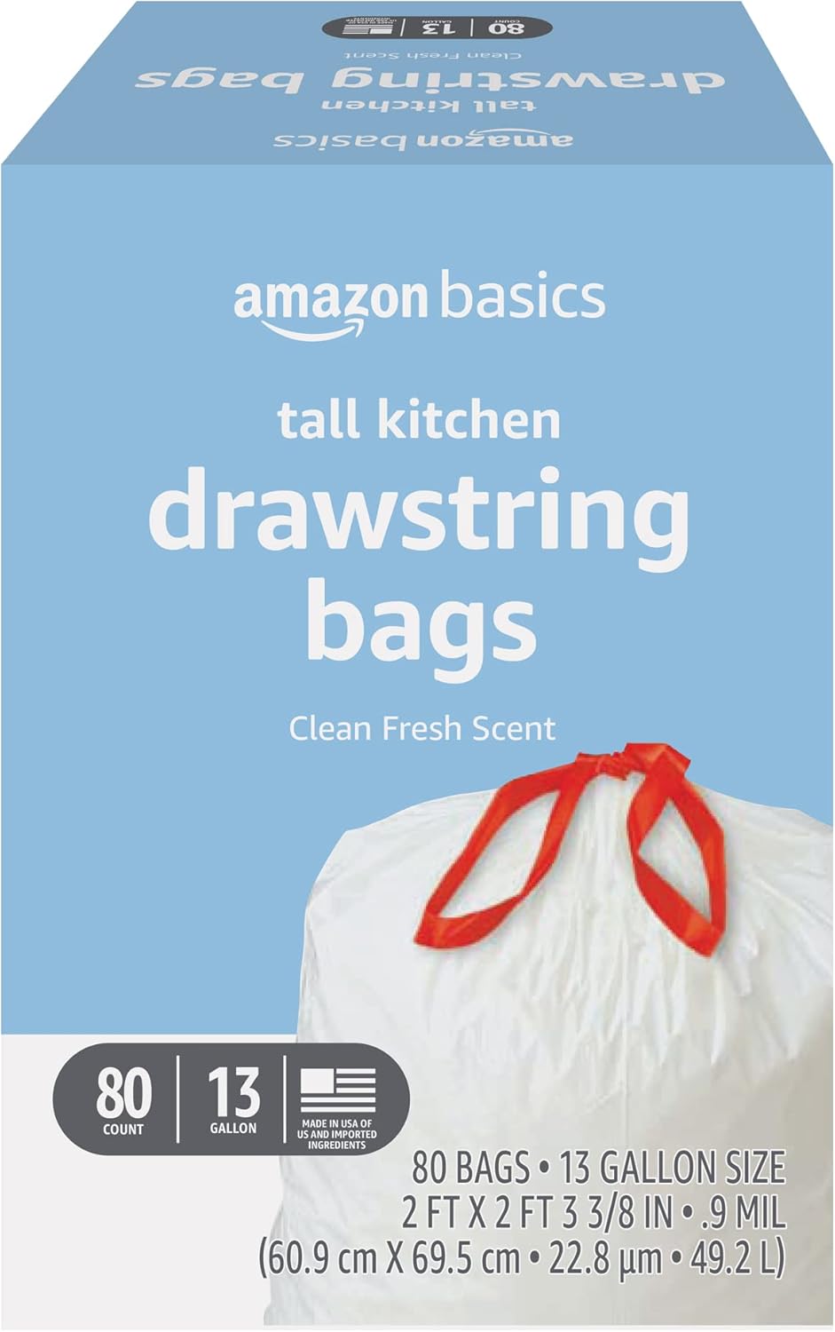 Amazon Basics Tall Kitchen Drawstring Trash Bags, 13 Gallon, Unscented, 45 Count