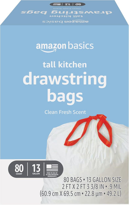 Amazon Basics Tall Kitchen Drawstring Trash Bags, 13 Gallon, Unscented, 45 Count