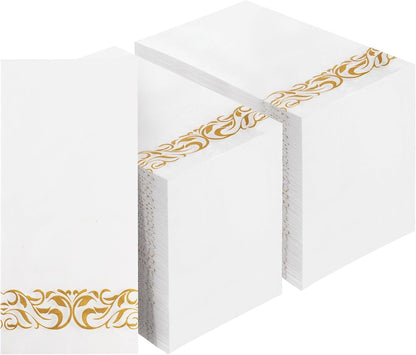 BESTVIP 200 Pack Disposable Paper Napkins, 3-Ply Dinner Napkins with Gold Trim for Guests, Bathroom Paper Hand Towels Soft and Absorbent, Perfect for Kitchen, Dinner, Party, Wedding or Event