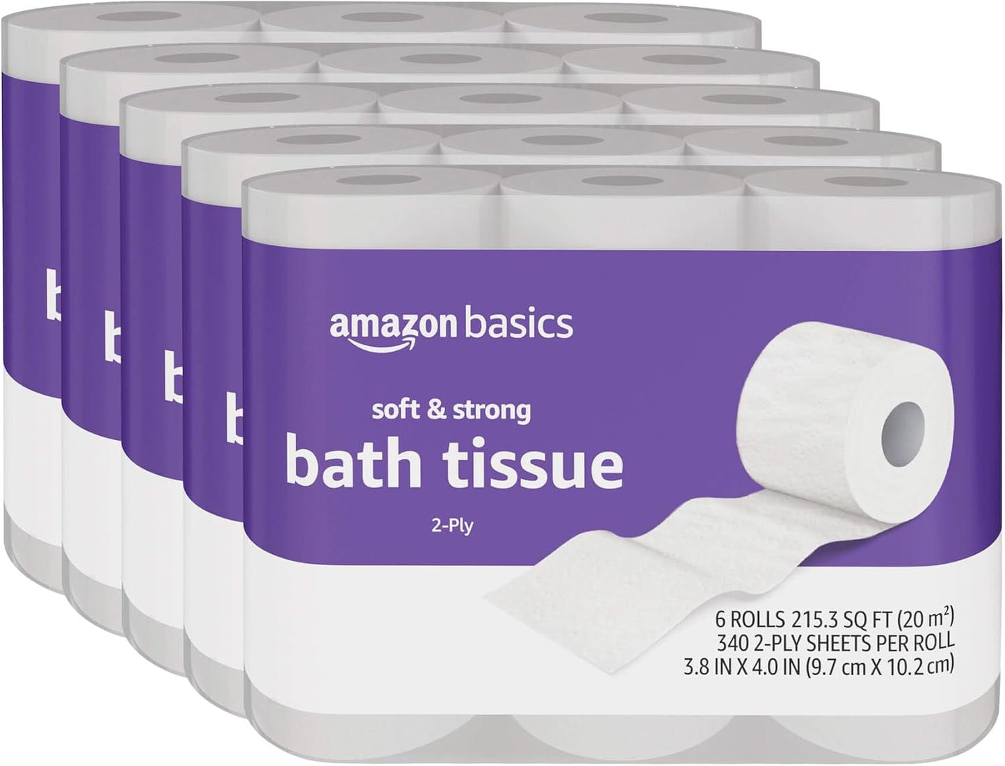 Amazon Basics Soft and Strong 2-Ply Toilet Paper, 6 Ultra Rolls = 24 Regular Rolls, Unscented, 340 Sheets per Roll, Septic Safe