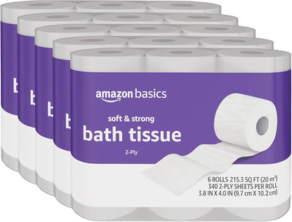 Amazon Basics Soft and Strong 2-Ply Toilet Paper, 6 Ultra Rolls = 24 Regular Rolls, Unscented, 340 Sheets per Roll, Septic Safe