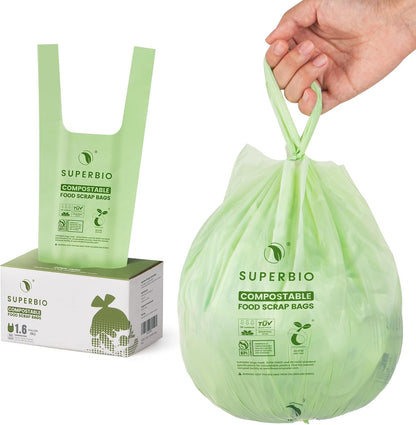 SUPERBIO 2.6 Gallon Compostable Bags with Handles, 100 Count,1 Pack, Food Scrap Bags Certified by BPI and OK compost INDUSTRIAL, 9.84L