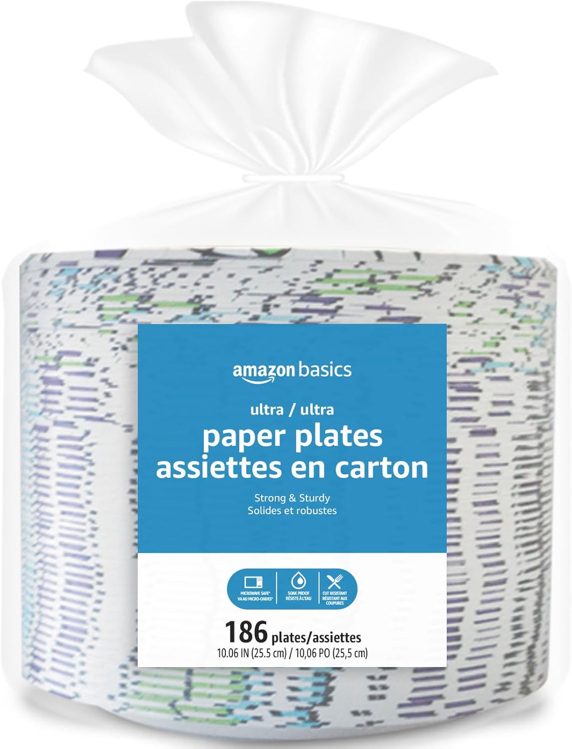 Amazon Basics Ultra Paper Plates, 10 Inch, Disposable, Cut Resistant, Soak-Proof, Microwave-Safe, Sturdy, 100 Count