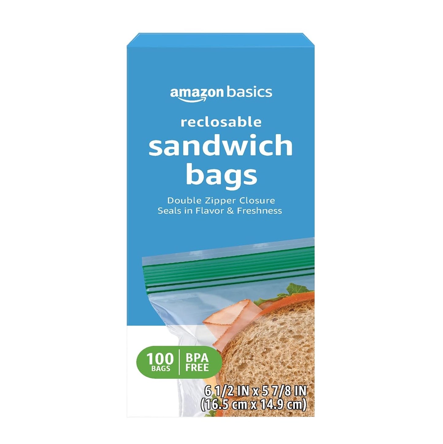 Amazon Basics Reclosable Double Zipper Sandwich Storage Bags for Food Storage, BPA Free, 100 Count