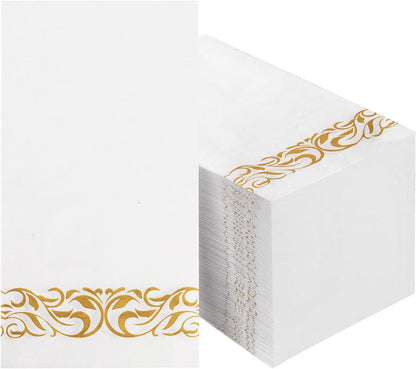 BESTVIP 200 Pack Disposable Paper Napkins, 3-Ply Dinner Napkins with Gold Trim for Guests, Bathroom Paper Hand Towels Soft and Absorbent, Perfect for Kitchen, Dinner, Party, Wedding or Event