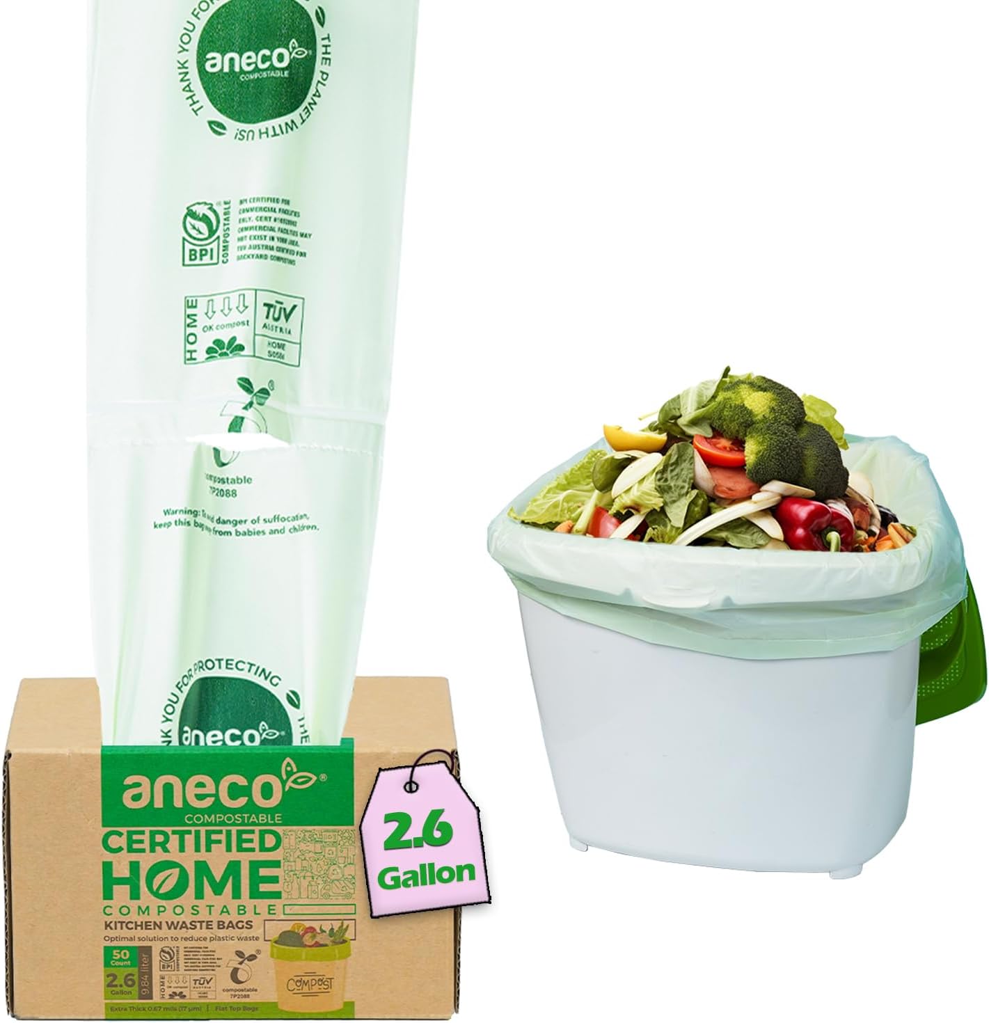 (Include 10 Bonus Bags) ANECO 100% Compostable Waste Bags 2.6 Gallon, Extra Thick Kitchen Small Compost Bags for Countertop Bin, 110 Count (100 + 10 Extra)