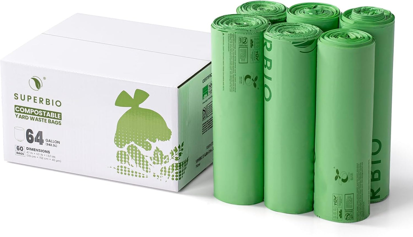 SUPERBIO 55 Gallon Compostable Yard Waste Bags, Lawn & Leaf Bags, Heavy Duty Extra Thick 1.57 Mil, (80 Count Bulk), 208.1 Liter, BPI and OK compost INDUSTRIAL