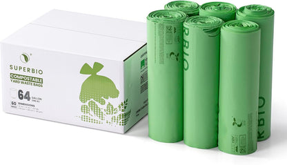 SUPERBIO 55 Gallon Compostable Yard Waste Bags, Lawn & Leaf Bags, Heavy Duty Extra Thick 1.57 Mil, (80 Count Bulk), 208.1 Liter, BPI and OK compost INDUSTRIAL