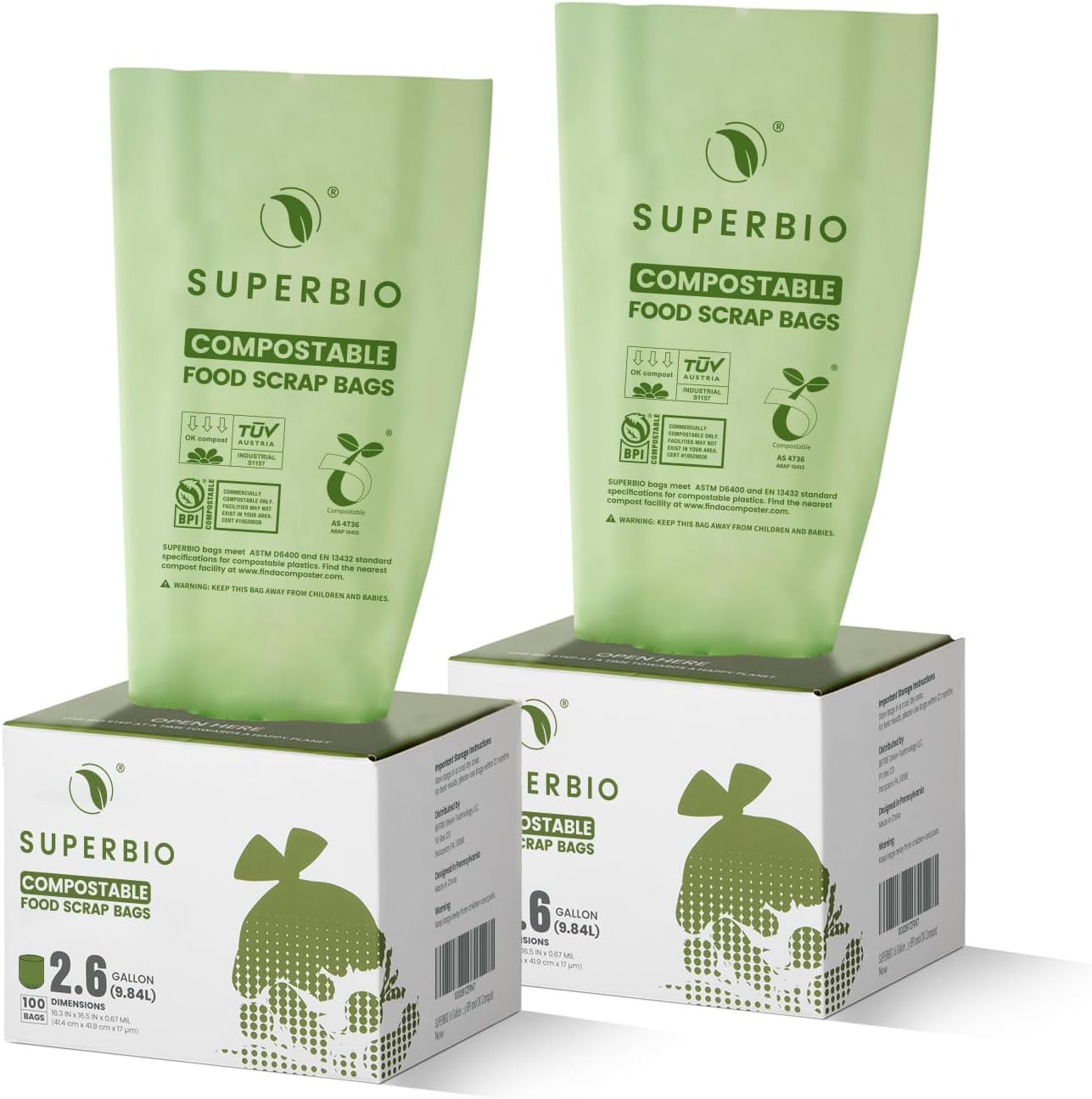 SUPERBIO 13 Gallon Compostable Kitchen Waste Bags with Handles, Food Scrap Bags Certified by BPI, OK compost INDUSTRIAL, 30 Count, 49.2L
