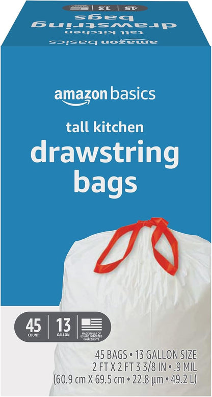 Amazon Basics Tall Kitchen Drawstring Trash Bags, 13 Gallon, Unscented, 45 Count