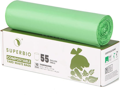 SUPERBIO 55 Gallon Compostable Yard Waste Bags, Lawn & Leaf Bags, Heavy Duty Extra Thick 1.57 Mil, (80 Count Bulk), 208.1 Liter, BPI and OK compost INDUSTRIAL