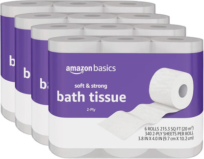 Amazon Basics Soft and Strong 2-Ply Toilet Paper, 6 Ultra Rolls = 24 Regular Rolls, Unscented, 340 Sheets per Roll, Septic Safe