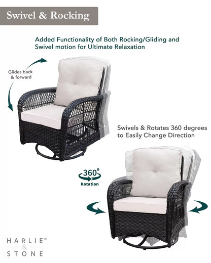 Outdoor Swivel Rocker Patio Chairs Set of 2 and Matching Side Table - 3 Piece Wicker Patio Bistro Set with Premium Fabric Cushions Outdoor Furniture (Dark Wicker Chair Beige Cushion)