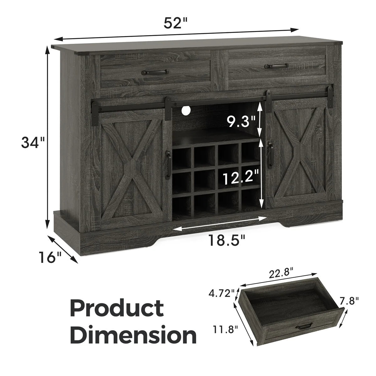 Royalcraft 51.96 Inch Bar Cabinet with Wine Rack and Large Storage