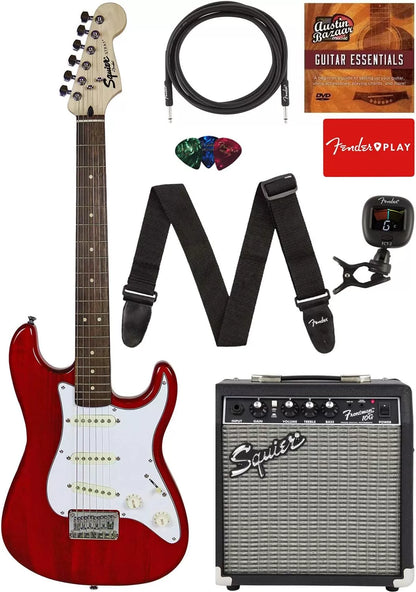 Fender Squier Stratocaster - Sunburst Bundle with Frontman 10G Amp, Gig Bag, Instrument Cable, Tuner, Strap, Picks, Fender Play Online Lessons, Instructional Book, and Austin Bazaar Instructional DVD