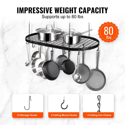 Hanging Pot Rack, Hanging Pot Rack Ceiling Mount, Ceiling Pot Rack with S Hooks, 80 lbs Loading Weight, Ideal for Home