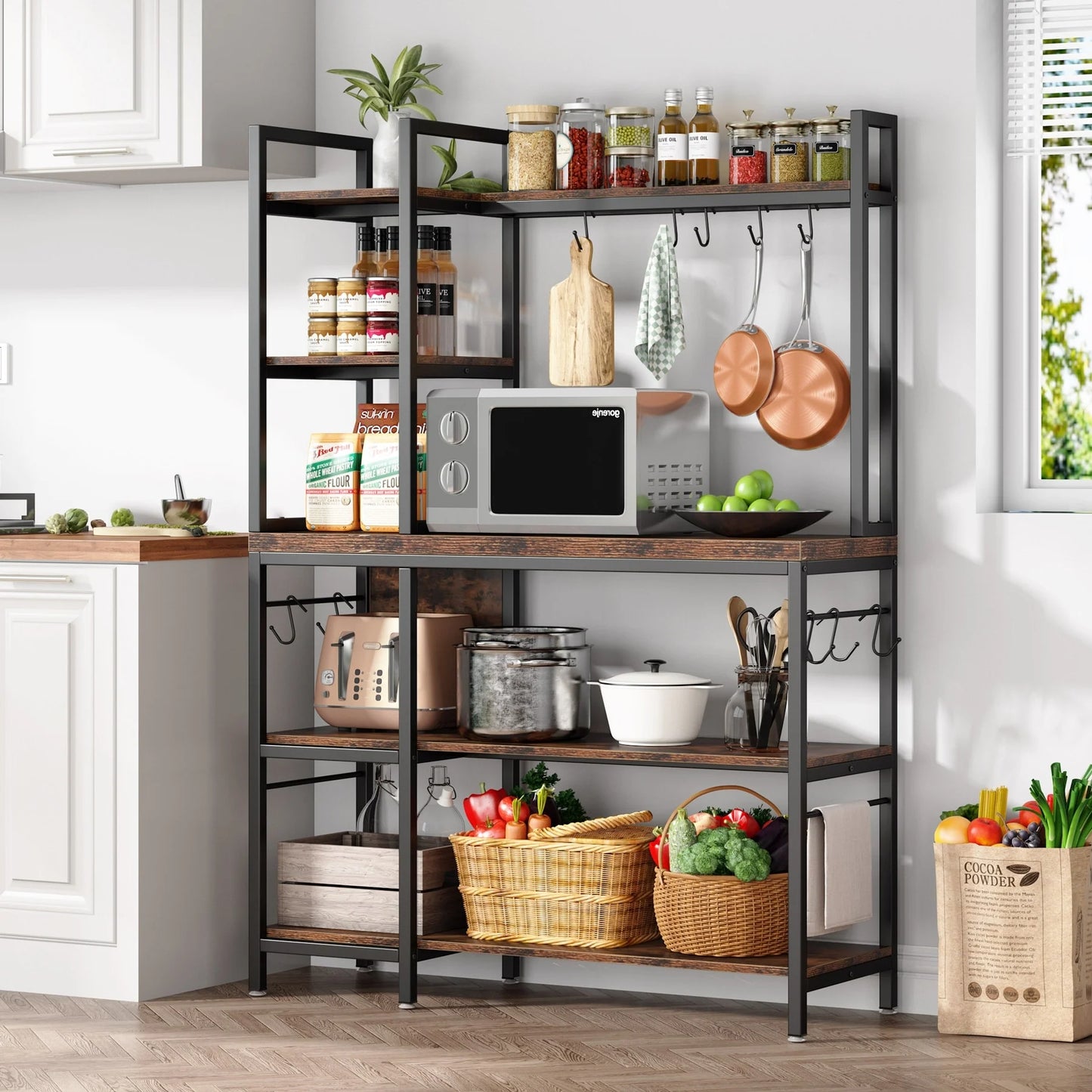 43 inch Kitchen Bakers Rack with Microwave Stand 5-Tier Kitchen Utility Storage Shelf Rack and10 Hooks for Kitchen Living Room