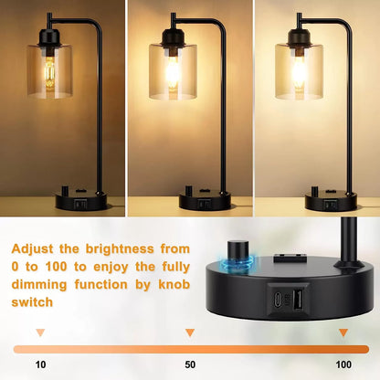Industrial Bedside Table Lamp for Bedroom - Nightstand Lamps with USB C Charging Port, Fully Dimmable Black Lamps with USB Ports and Outlets, Small Desk Lamp with Glass Shade for Office Living Room