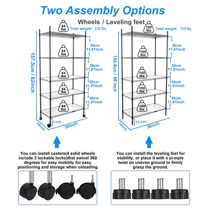 5 Tier Wire Shelving Unit, Heavy Duty Metal Large Storage Shelves Height Adjustable for Garage Kitchen Office