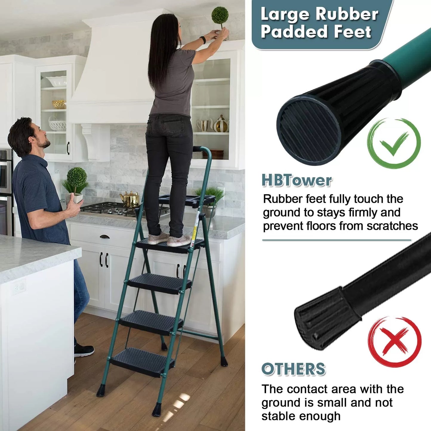 4 Step Ladder, HBTower Folding Step Stool with Tool Platform, Wide Anti-Slip Pedal, Sturdy Steel Ladder, Convenient Handgrip, Lightweight 330lbs Portable Steel Step Stool, Black