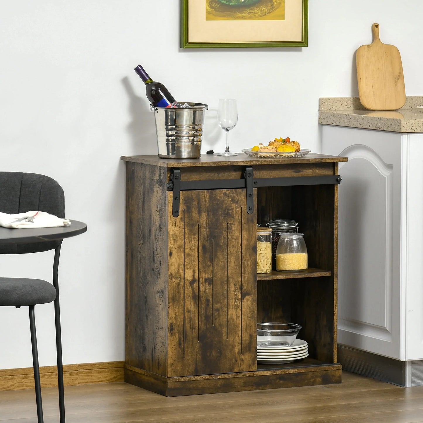 HOMCOM Industrial Sideboard Storage Cabinet, Serving Bar Buffet with Sliding Barn Door and 6-Bottle Wine Rack