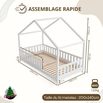 Clearance Sale Crazy Pine Cabin Bed 160x80 cm – Natural Wood Children's Bed with Barrier – Montessori Floor Bed with Height-Adjustable Legs and Removable Barrier - Crazy House