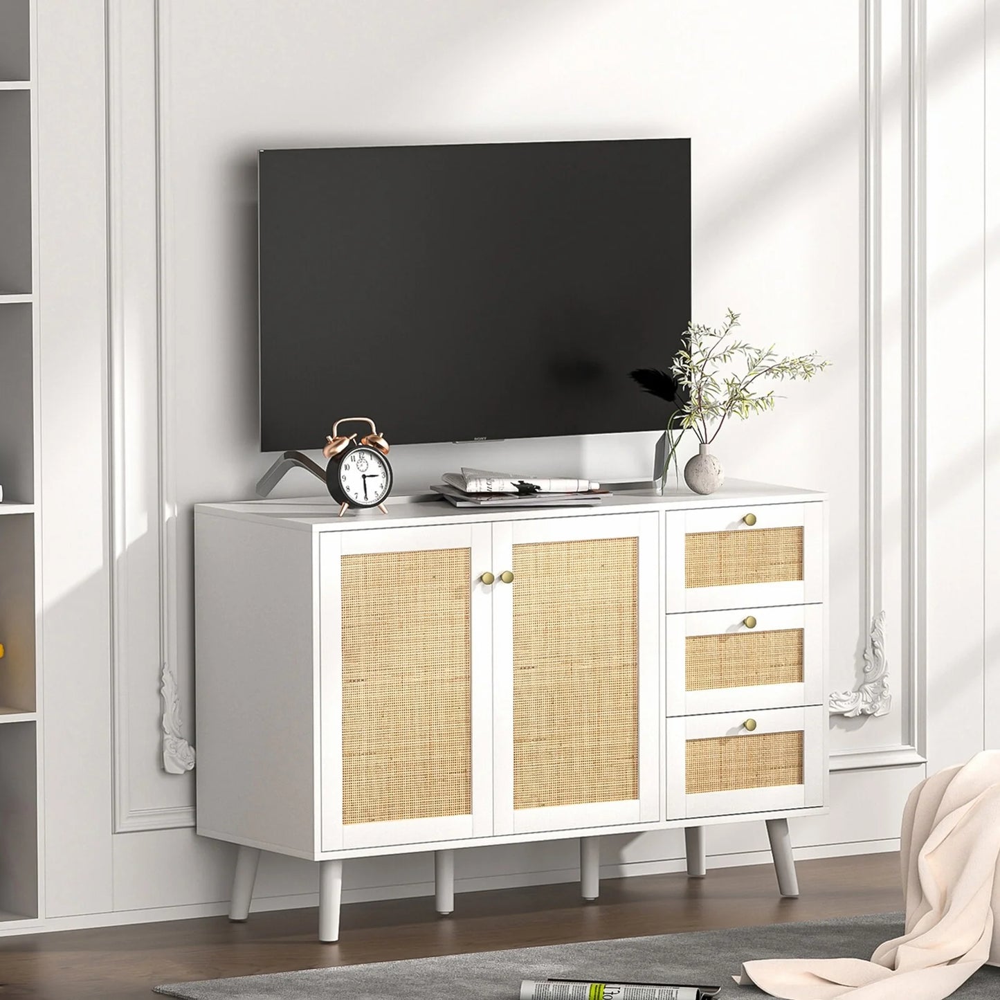 Anmytek Mid-Century Modern 2-Door Wood Rattan Buffet Sideboard Kitchen Storage Cabinet with 3 Drawers