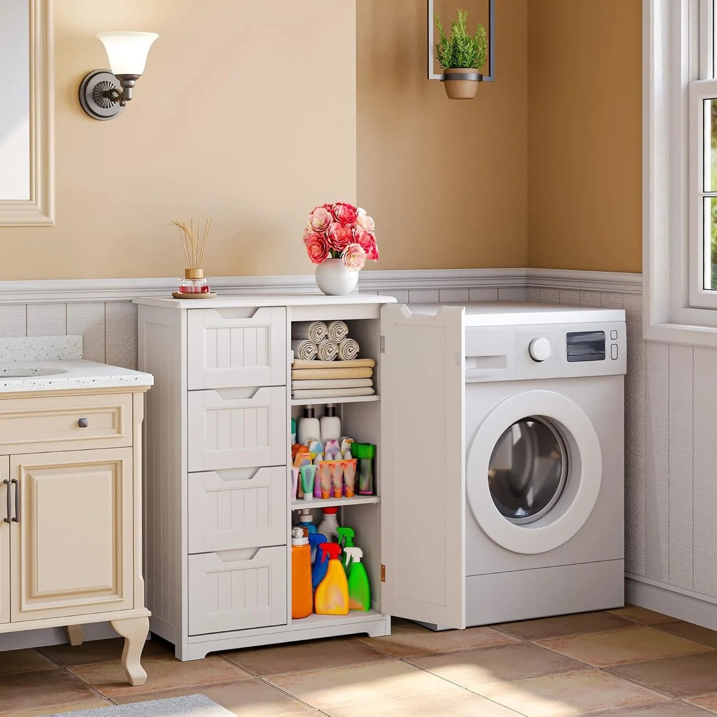 Bathroom Floor Storage Cabinet, Free-Standing Floor Storage Cabinet with 4 Draws and Adjustable Shelf