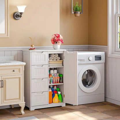 Bathroom Floor Storage Cabinet, Free-Standing Floor Storage Cabinet with 4 Draws and Adjustable Shelf