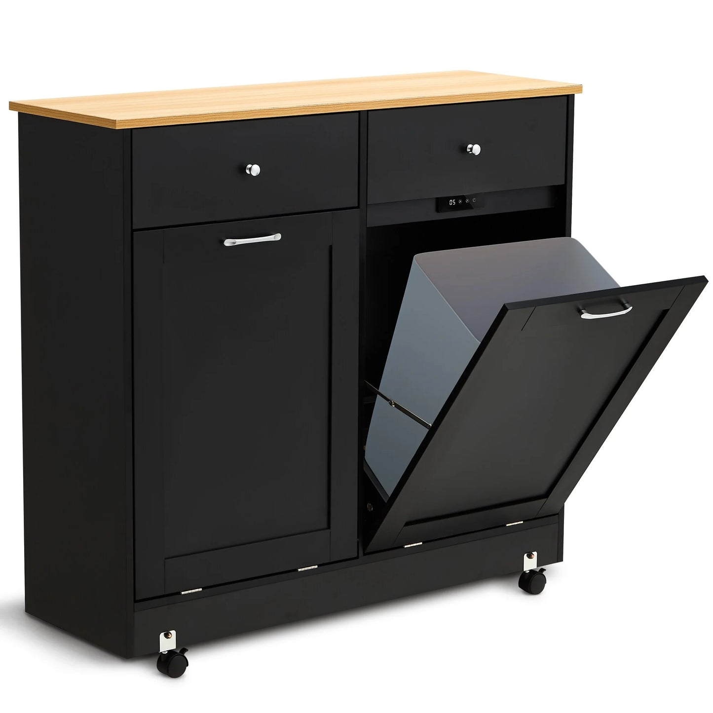 Erommy Tilt Out Trash Cabinet, Wooden Kitchen Trash Can Free Standing Waste Bin, Recycling Hideaway Garbage Can Holder