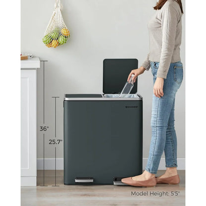 SONGMICS Dual Trash Can, 2x 8 Gallon Stainless Steel Garbage Can, Gray