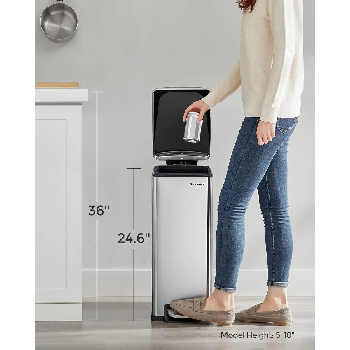 SONGMICS 12.7 Gallon Garbage Can for Narrow Spaces, Silver